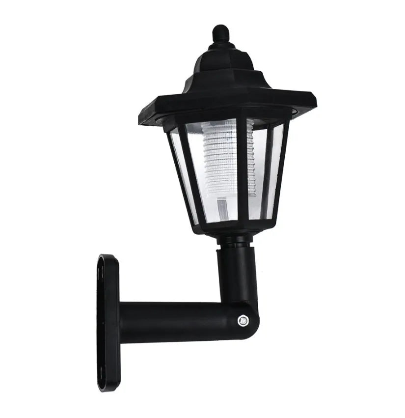 Black hexagonal solar wall light with IP44 waterproof rating for outdoor garden and pathway illumination