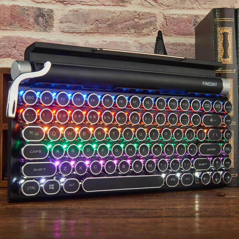 Black retro typewriter style mechanical keyboard with backlit keys