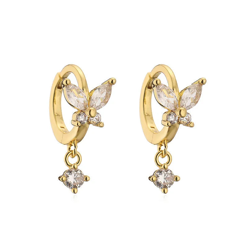 Copper earrings with inlaid colour diamond butterfly fringe design on white background