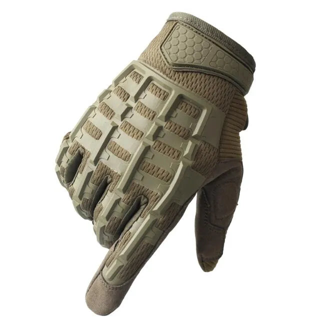 Tactical gloves in army green colour constructed from microfiber and nylon for outdoor combat and shooting use