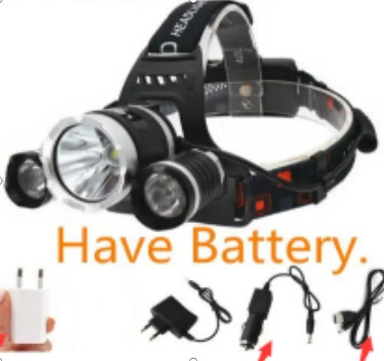 Aluminum alloy rechargeable LED headlamp with elastic headband, shown illuminating in dark setting.