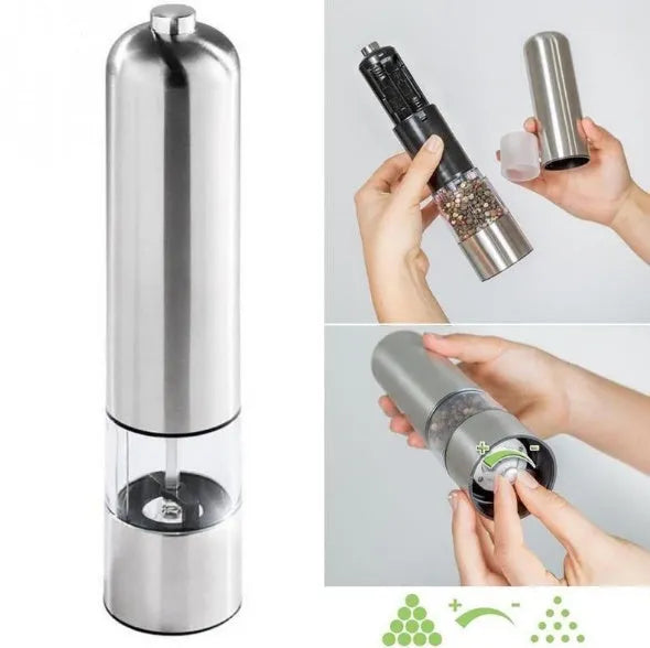 Electric stainless steel pepper mill in natural colour, 22.5 cm tall.