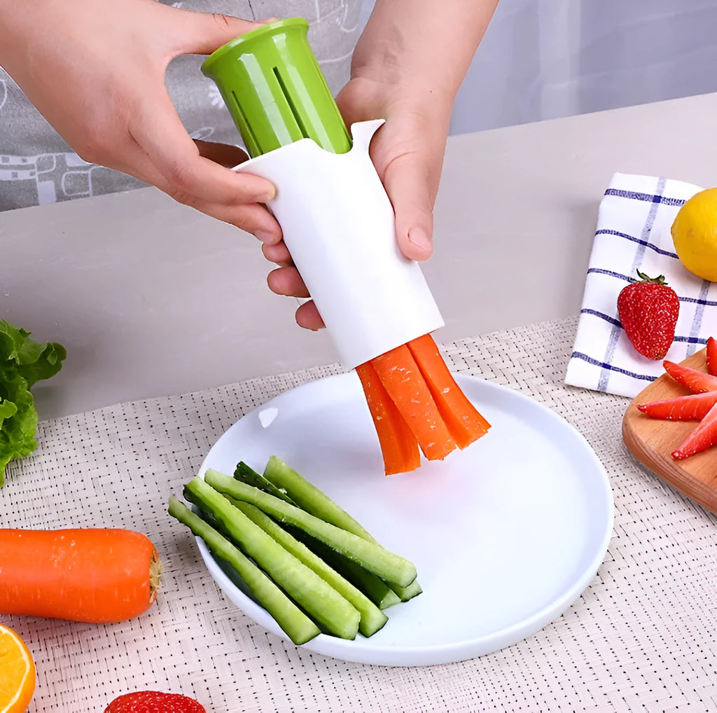 White plastic vegetable and fruit cutter with six stainless steel blades inside