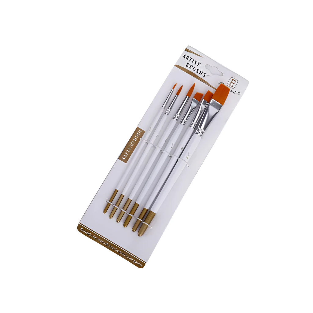 Set of 6 watercolour acrylic brushes with wood handles, aluminium tubes and nylon wool bristles, 17.5-21 cm