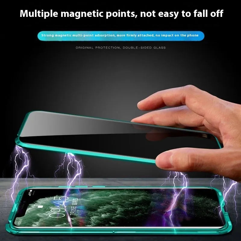 Anti-peep magnetic phone case in transparent black for Apple iPhone 16 Pro Max with aluminium alloy frame and double-sided glass