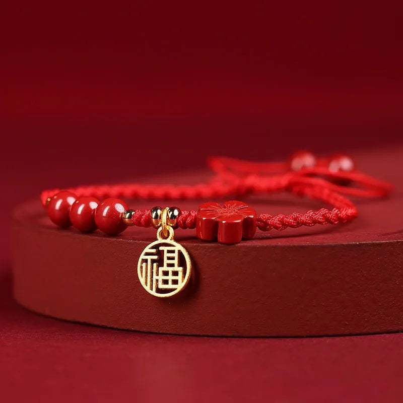 Cinnabar braided rope bracelet with traditional blessing card in ethnic style for unisex wear