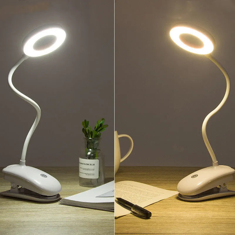 Clip-on rechargeable desk lamp with touch controls showing modern minimalist design