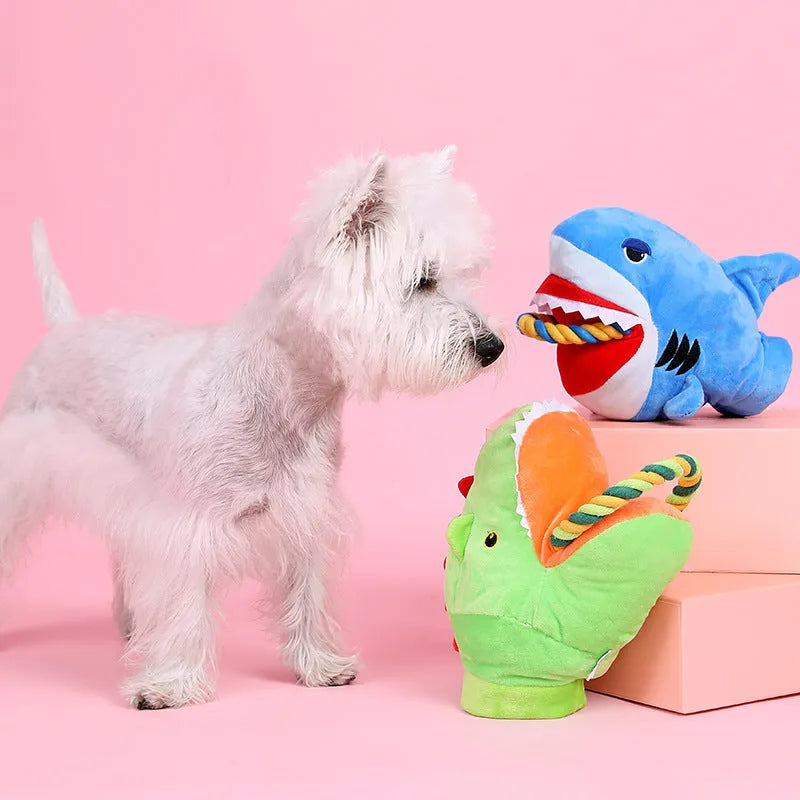 Plush monster shark dog toy in shark colour, soft stuffed animal for pets