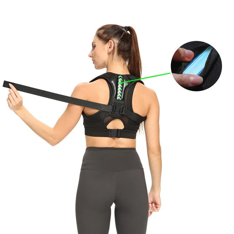 Anti camel sitting posture correction belt back support in black green arrow fish bone style with adjustable straps