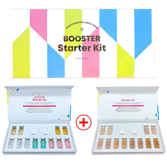 Korean BB cream 8ml booster ampoule starter kit with 12 mixed vials, niacinamide, and titanium dioxide