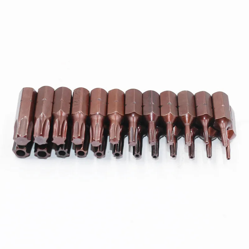 Black steel hex screwdriver bit set with sizes from T6 to T40 and magnetic tips.