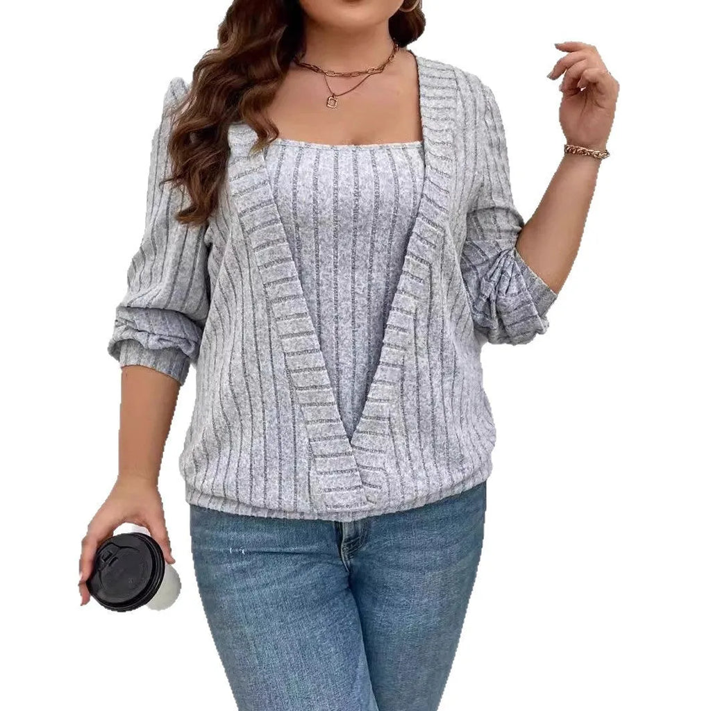 Women's solid colour V-neck long sleeve top with rib fabric texture and a false two-piece design.