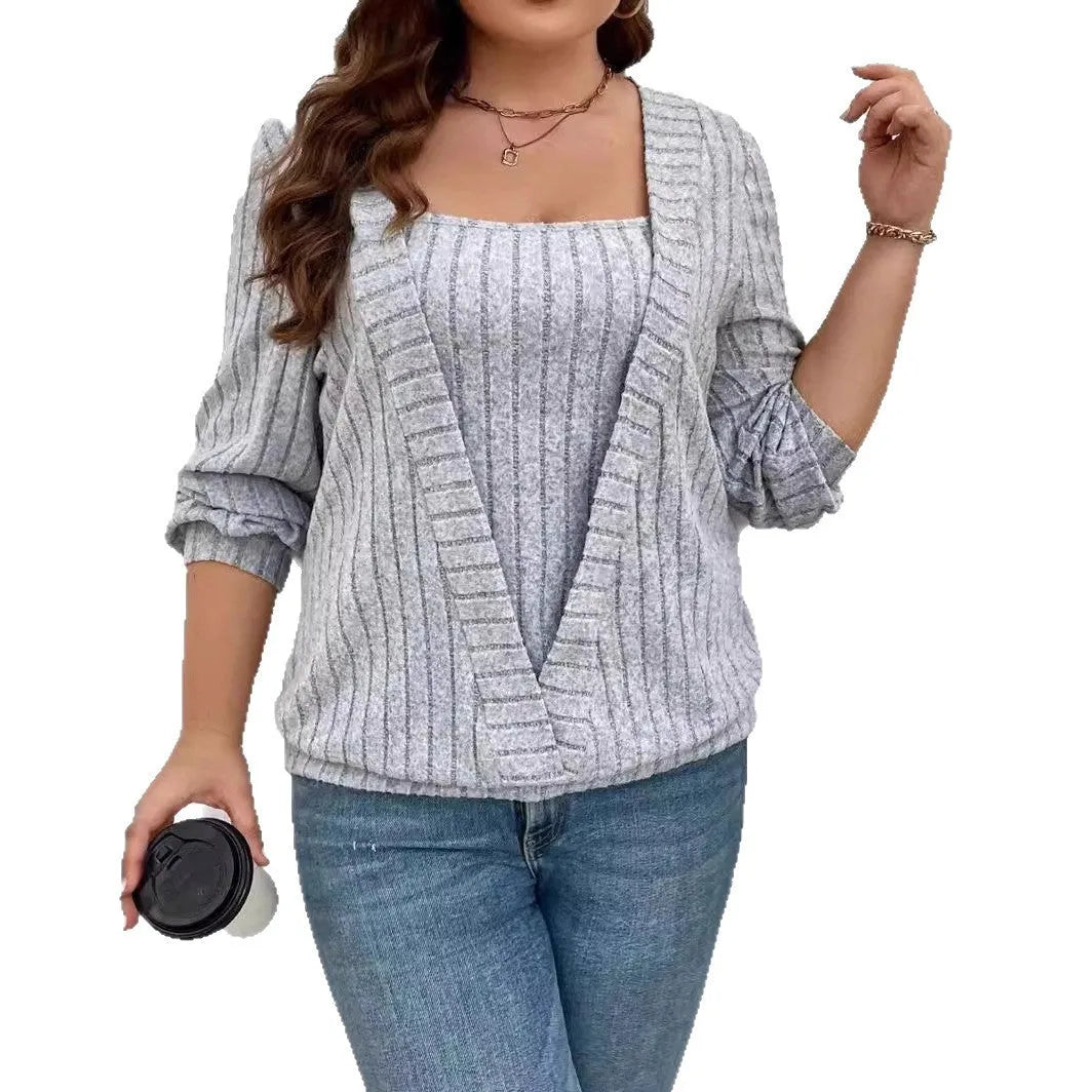 Women's solid colour V-neck long sleeve top with rib fabric texture and a false two-piece design.