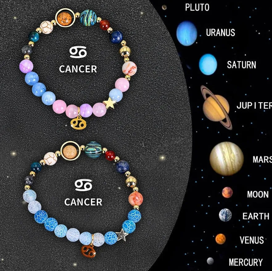 Set of twelve natural stone beaded bracelets, each representing a different zodiac sign.