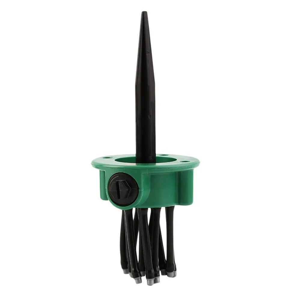 Green adjustable lawn sprinkler with multiple flexible nozzles on 9cm diameter base