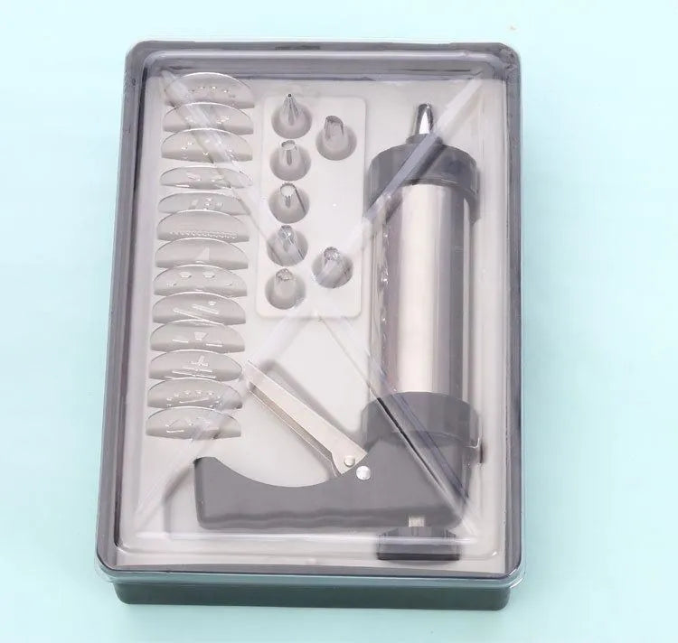 Stainless steel biscuit press with 13 moulds and 8 piping nozzles in a colour gift box