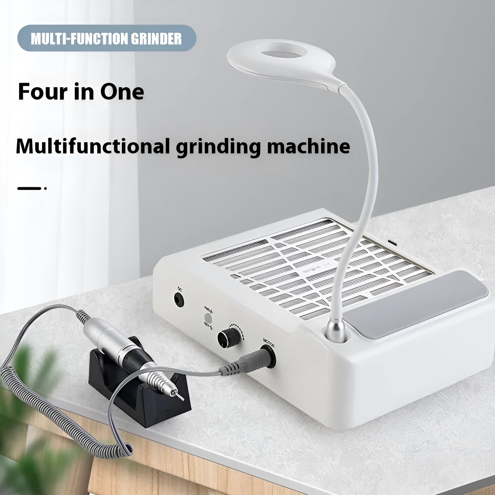 White multifunctional nail polishing machine with vacuum cleaner, shown with US or EU power adapter