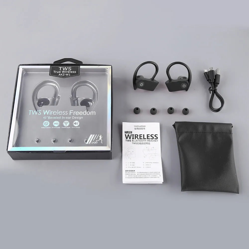 Black wireless Bluetooth earbuds with an ergonomic in-ear design and LED status indicator.