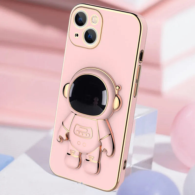 3D astronaut anti-drop TPU phone case with electroplating bracket for iPhone, light cyan colour
