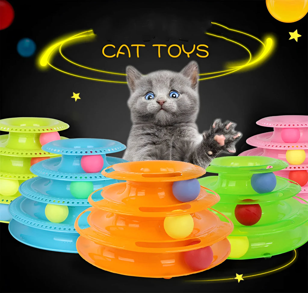 Four-layer cat turntable ball tower track toy with colourful rolling ball on a plastic base, size 16x29cm, pink colour option