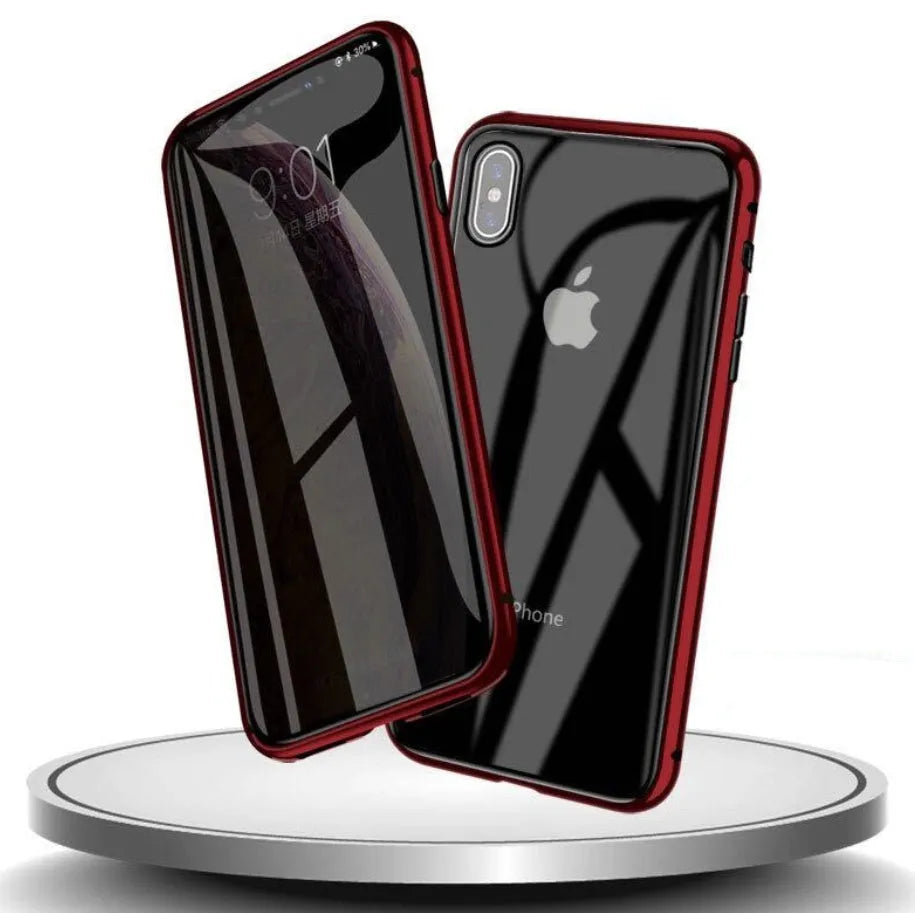 A black glass clamshell phone case for an iPhone with a geometric design and privacy screen.