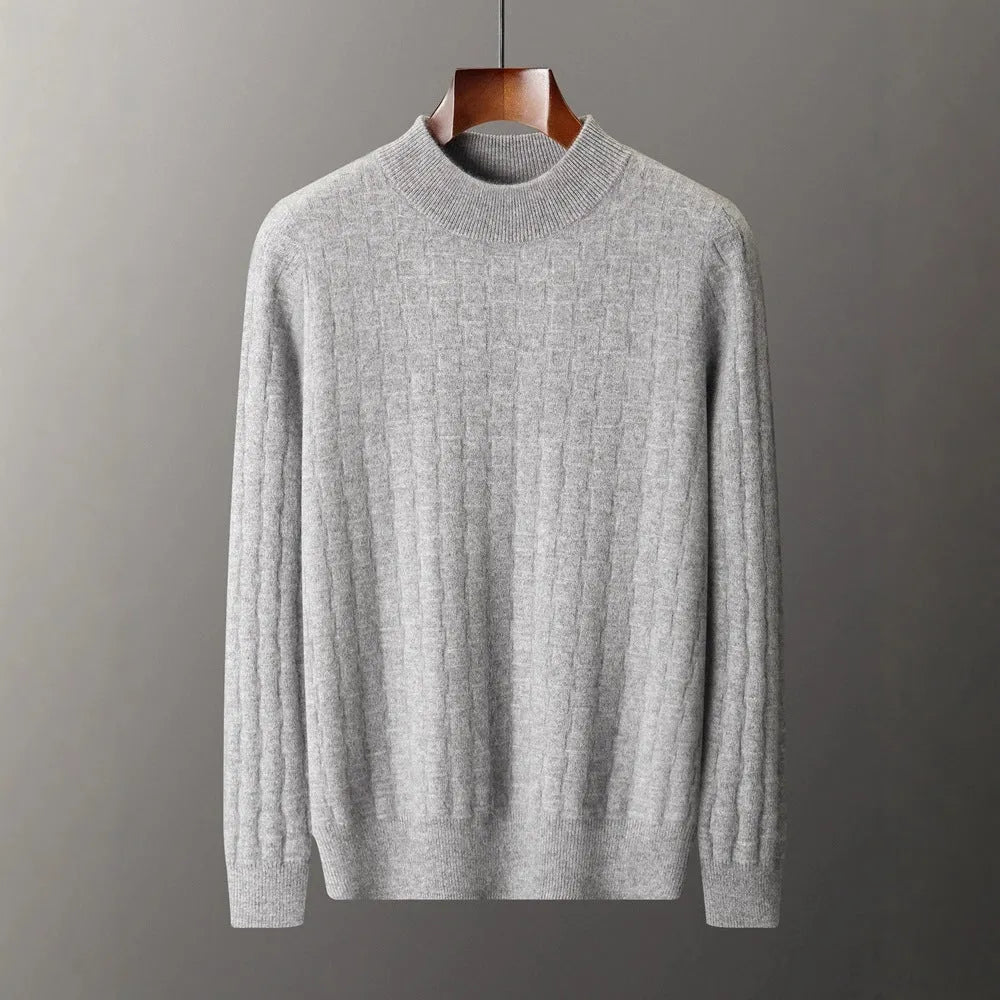 Men's half-high collar pullover sweater in wool, winter long sleeve loose fit, light gray colour