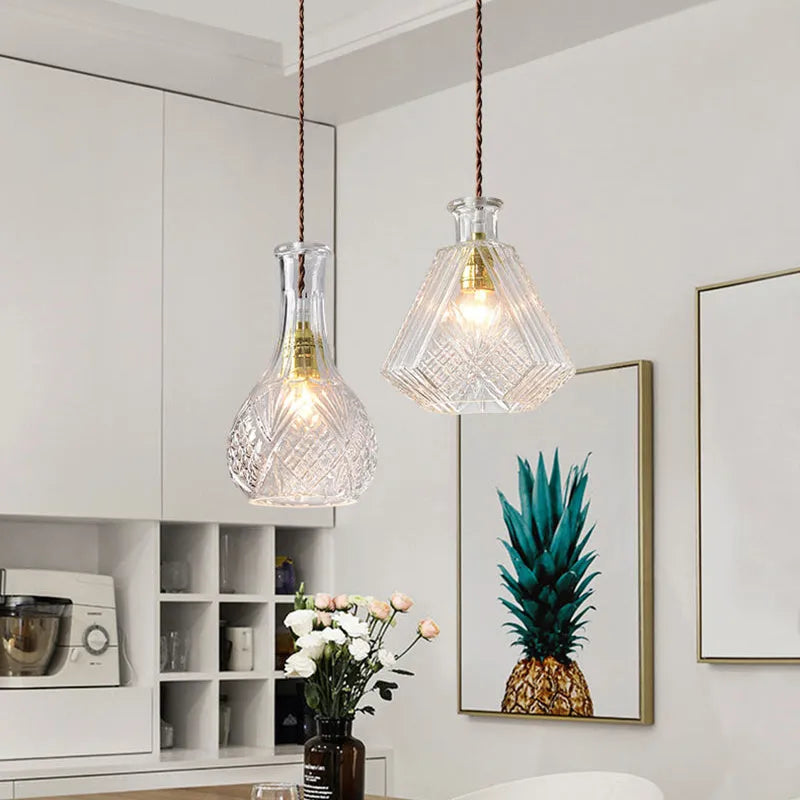 Modern simple glass bottle fishing line chandelier with adjustable height 1.2m and button switch for living room