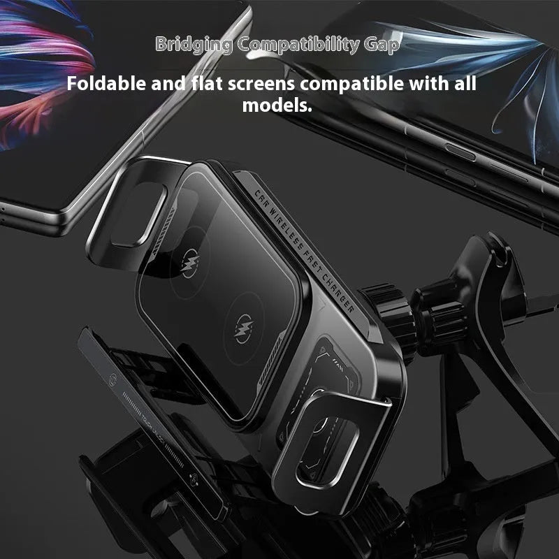 Foldable wireless car charger in Xingyao Black with Z1 base and phone mounted showing 15W fast charging