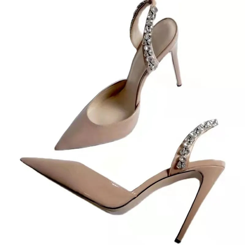 Women's pointed toe high heel sandals with rhinestone decoration on the side in patent leather
