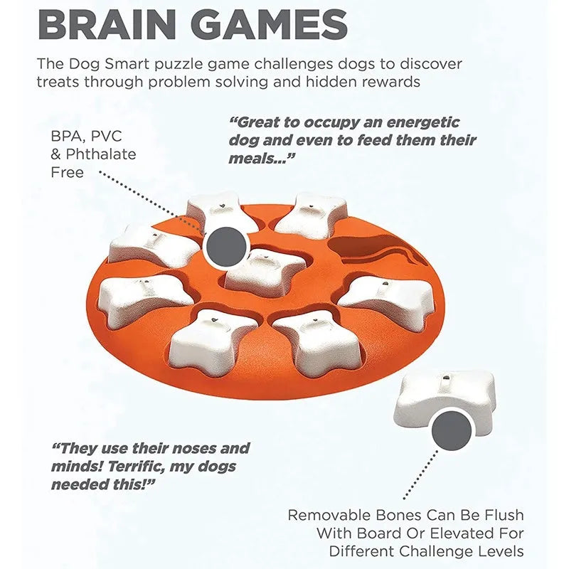 Orange and white plastic leak food puzzle toy for dogs and cats with kibble falling from opening