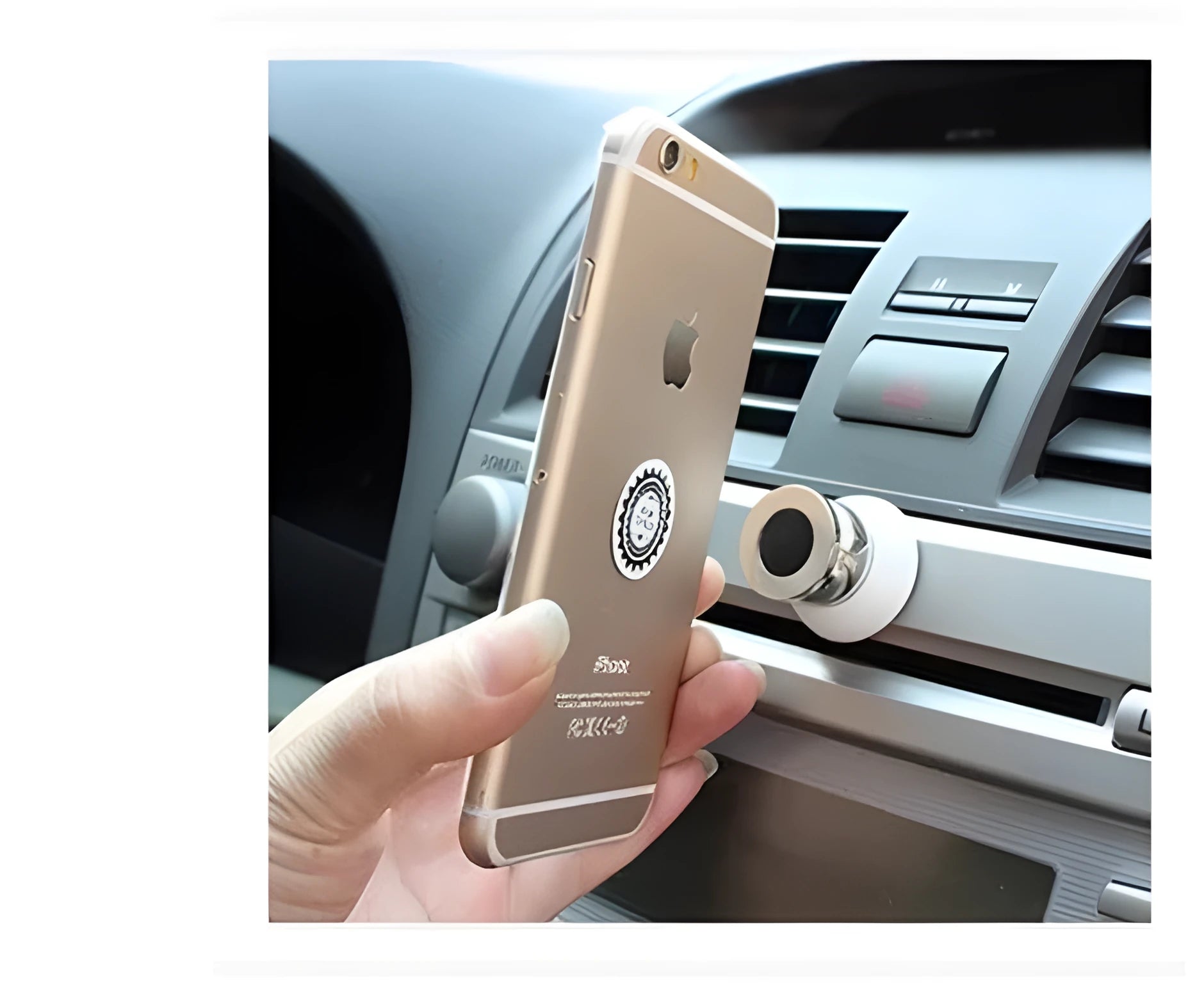 Magnetic car phone mount with paste and magnet adsorption in black, showing universal magnet support for Samsung mobile device
