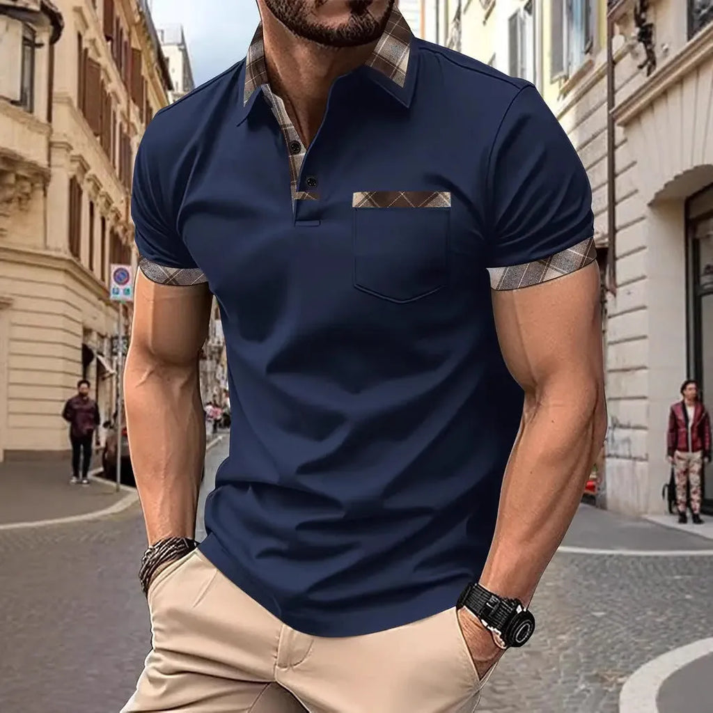Men's loose fit colourblock plaid T-shirt with short sleeves and zipper decoration details