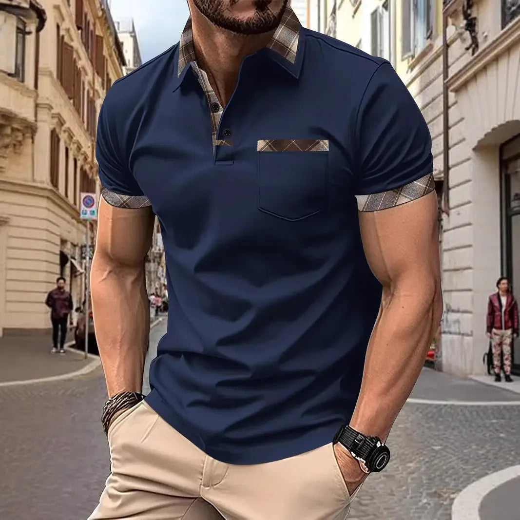 Men's loose fit colourblock plaid T-shirt with short sleeves and zipper decoration details