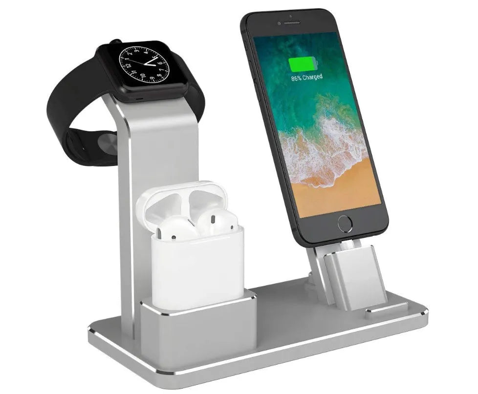 Three-in-one charging bracket for Apple Watch, phone, and headset in aluminium alloy with silicone mat