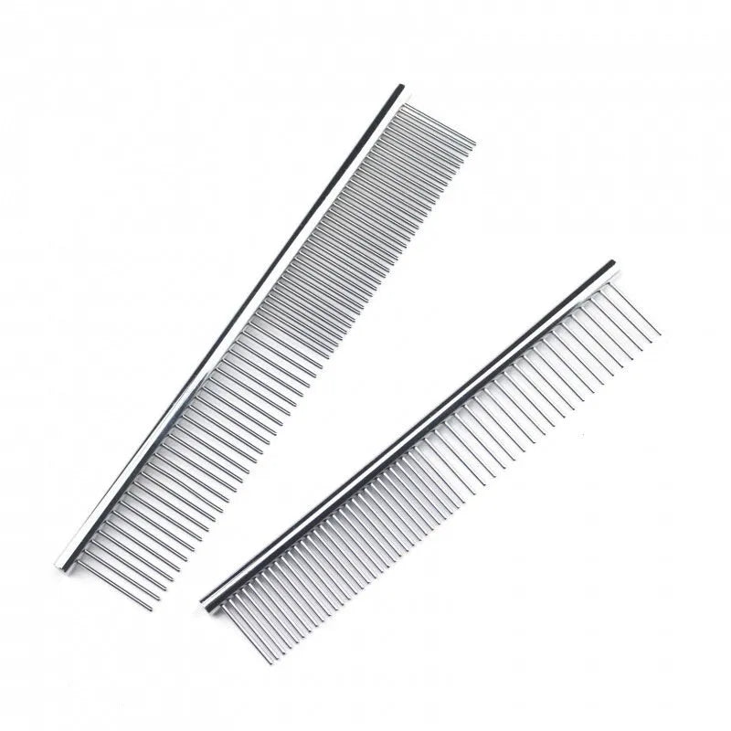 Silver stainless steel straight pet comb in OPP bag, four sizes available for cats and dogs