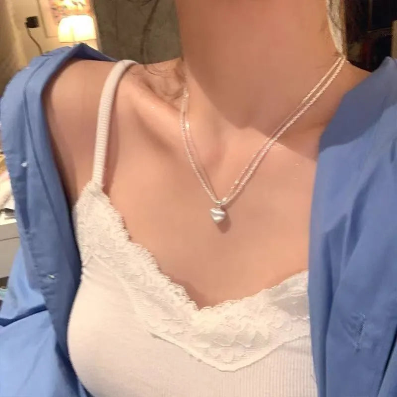 Double layer brushed heart pendant necklace in white copper plated thick silver with adjustable 41-50cm chain