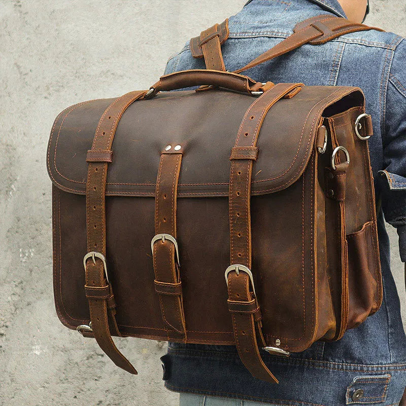 Crazy Horse leather tote bag in brown black, horizontal square shape, 42cm long