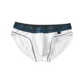 Men's low-waist cotton briefs in a colour-block design on a size chart.