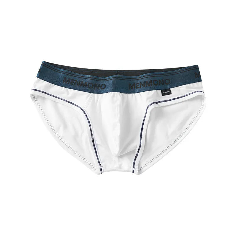 Men's low-waist cotton briefs in a colour-block design on a size chart.