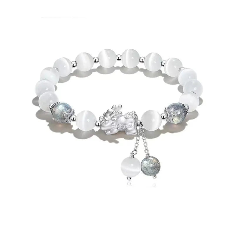 Natural black agate couples bracelet with 10mm wave beads and grey opal accents