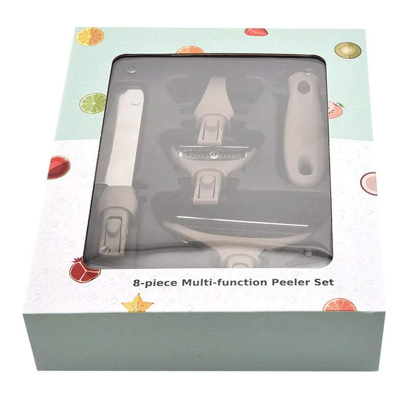 Eight-piece stainless steel kitchen tool set with wheat straw chopping board and ergonomic handle