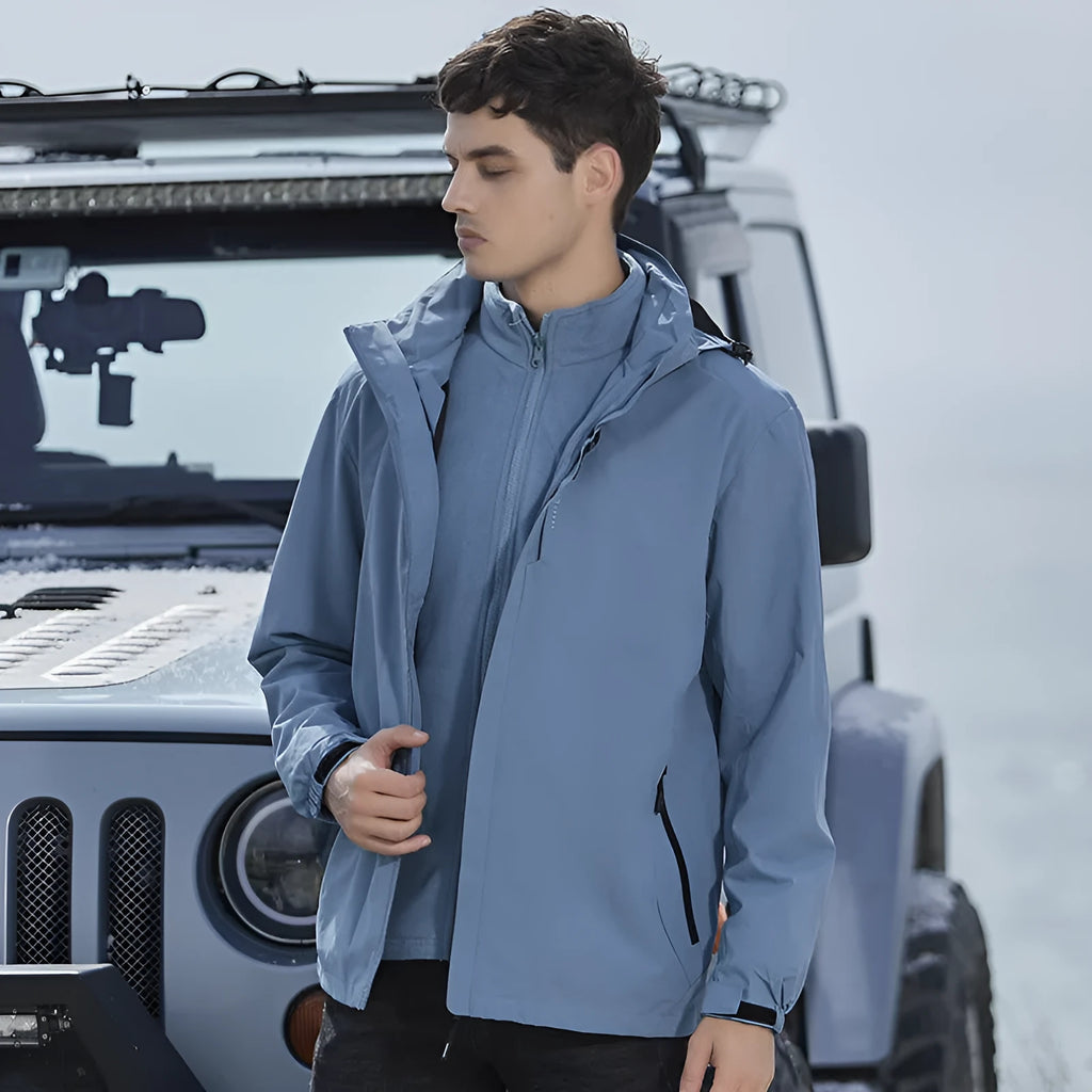 Men's black three-in-one mountaineering suit with removable lining, jacket and trousers set for outdoor sports.