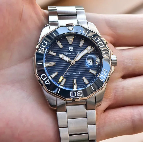 Men's mechanical watch PD-1617 with stainless steel bracelet and silver black dial