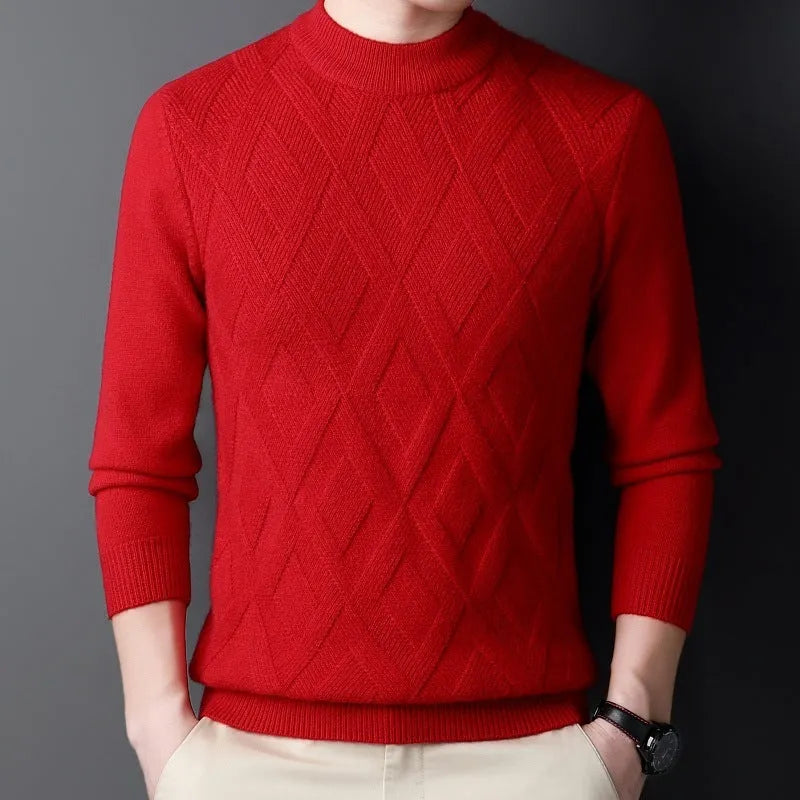 Men's thick winter sweater with diamond jacquard pattern in light camel colour