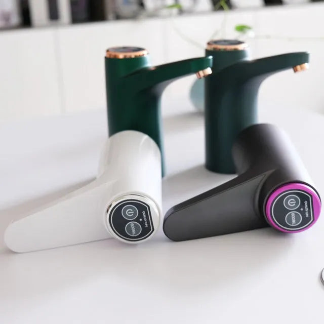 Dark grey touch automatic water dispenser on a kitchen countertop with soft hose and USB cable