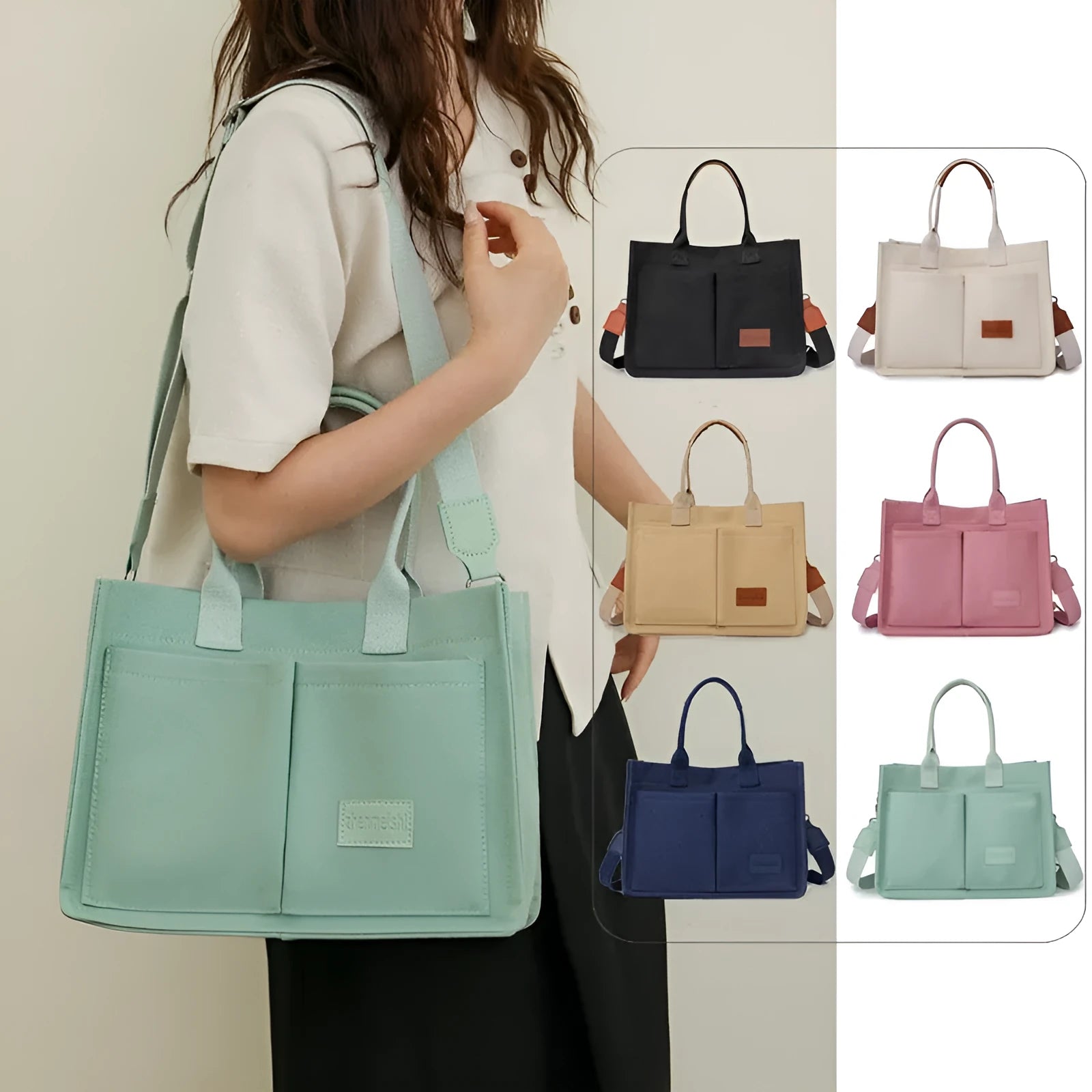 Large capacity canvas tote bag for women with multiple pockets and crossbody strap in creamy white