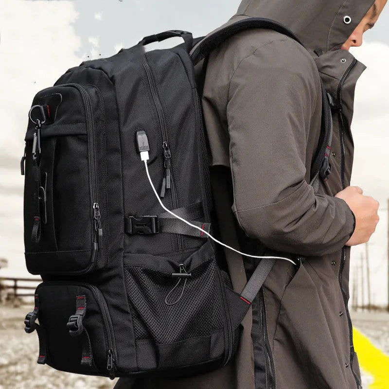 Oxford cloth large capacity travel backpack in black with anti-theft design and USB charging port