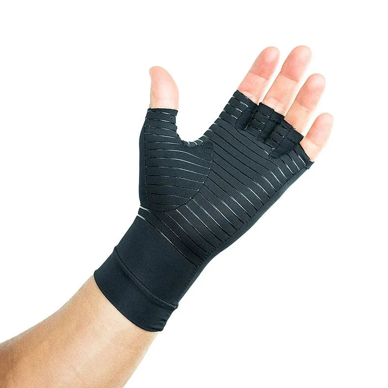 Black copper fibre compression gloves for arthritis, full finger style, showing stretch fabric and textured palm