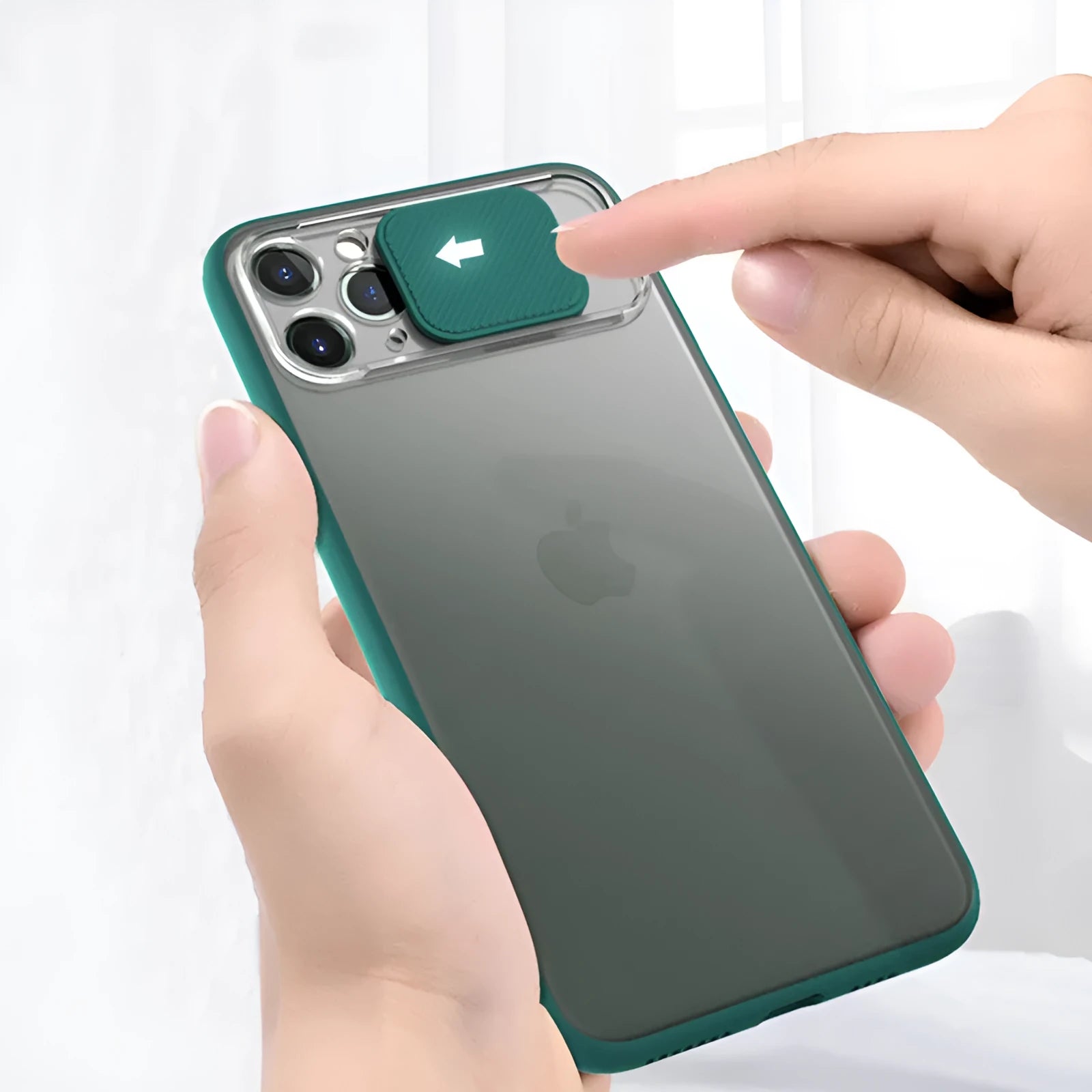 iPhone lens sliding phone case in a contrasting colour with back cover showing sliding mechanism over camera lenses.