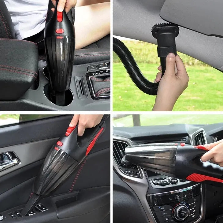 Handheld 120W car vacuum cleaner with brush and nozzles on car seat